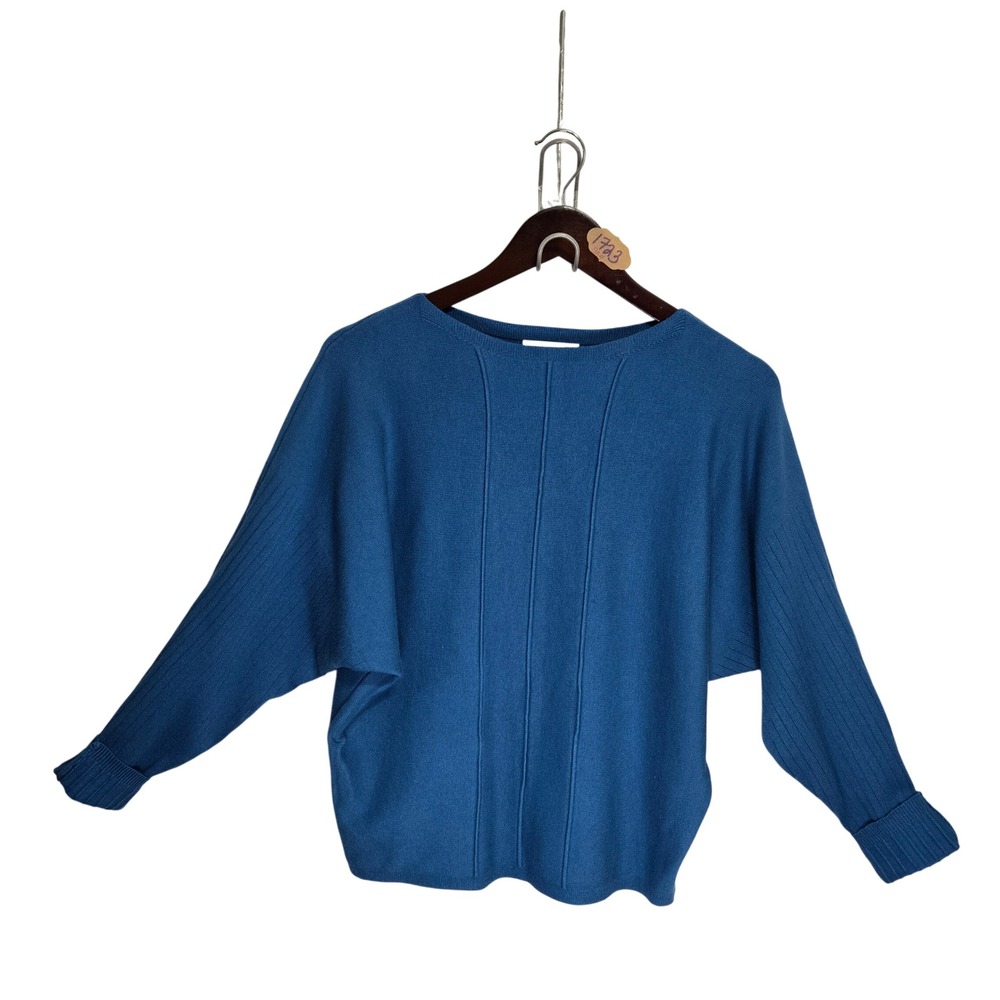 Milano Women Blue Batwing Knit Sweater Boat Neck Ribbed Pullover Size S